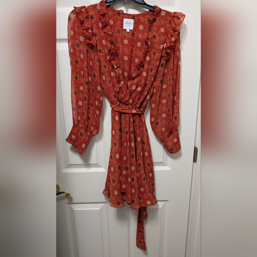 MISA Veruka maravi dots faux wrap Chiffon Long Sleeve Ruffled Mini Dress Size S